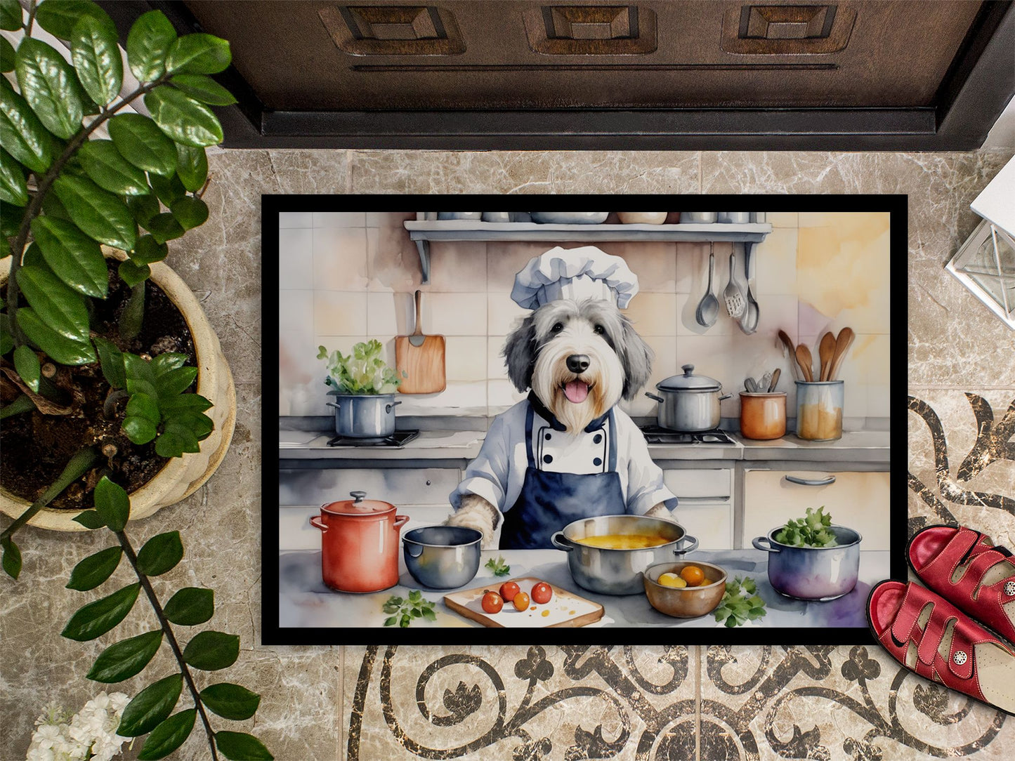 NEW Old English Sheepdog The Chef Doormat Front Door Mat Indoor Outdoor Rugs for Entryway, Non Slip Washable Low Pile, 18H X 27W