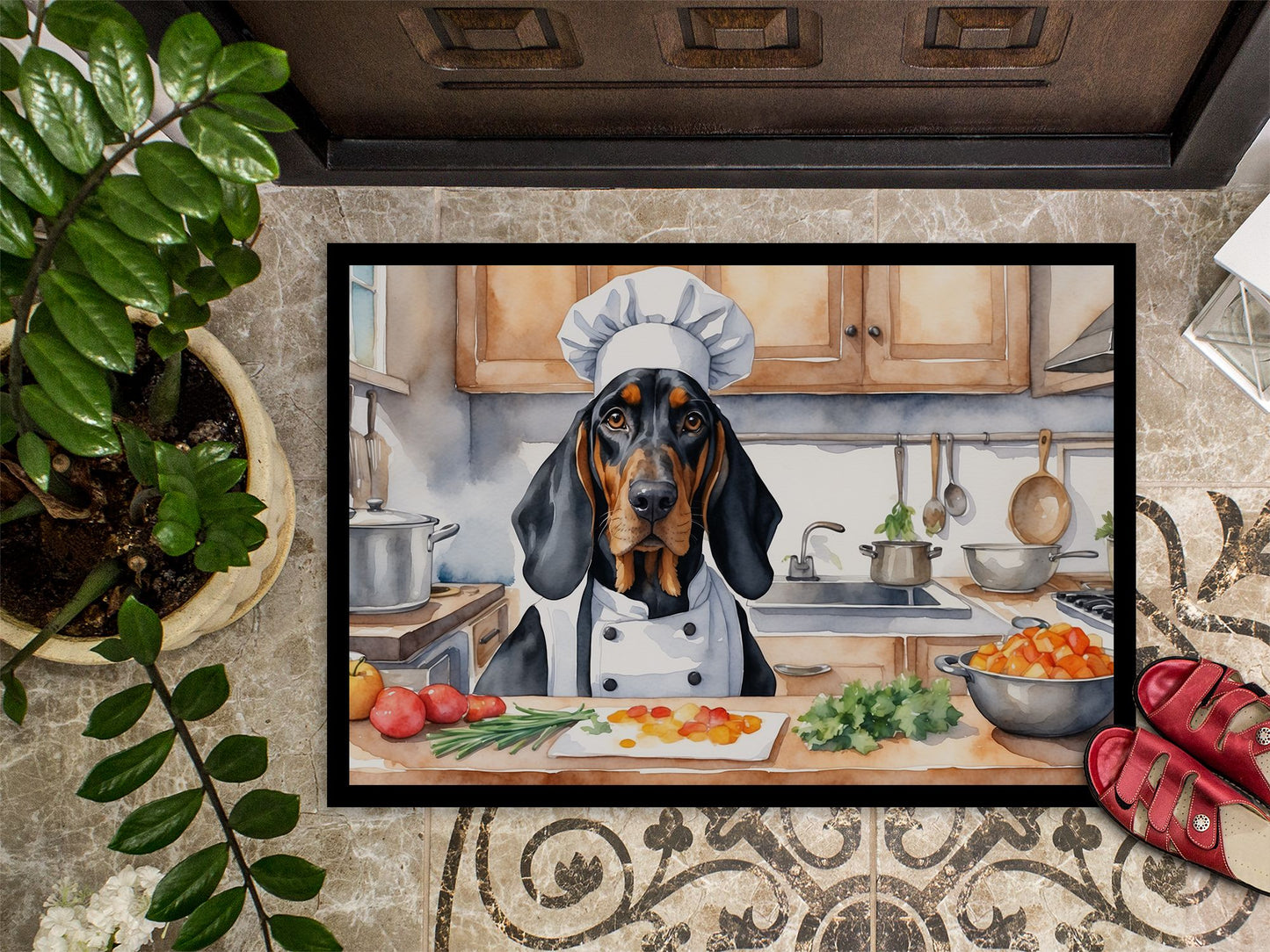Black and Tan Coonhound The Chef Doormat Front Door Mat Indoor Outdoor Rugs for Entryway, Non Slip Washable Low Pile, 24H X 36W