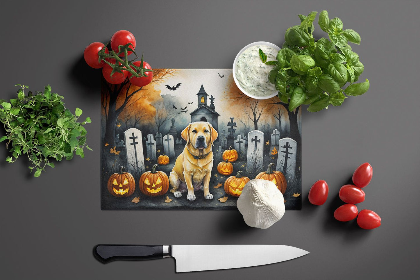 NEW Yellow Labrador Retriever Spooky Halloween Glass Cutting Board Decorative Tempered Glass Kitchen Cutting and Serving Board Large Size Chopping Board