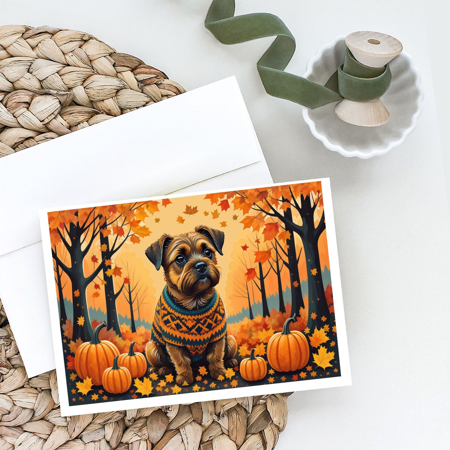 Border Terrier Fall Greeting Cards Pack of 8 Blank Cards with Envelopes Whimsical A7 Size 5x7 Blank Note Cards