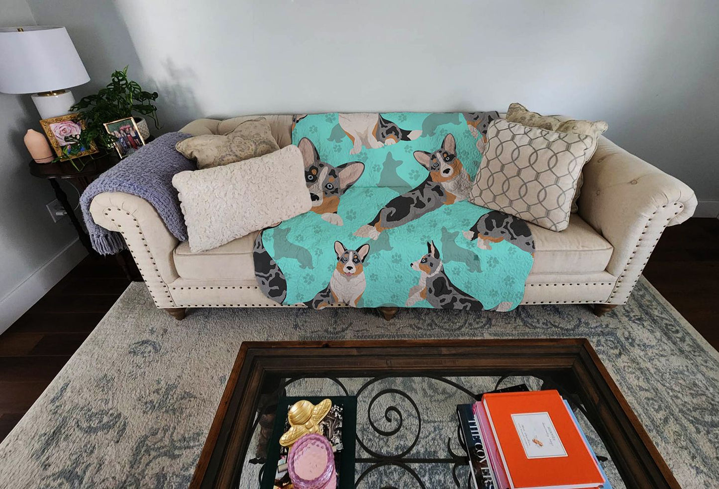 Blue Merle Welsh Cardigan Corgi Quilted Blanket 50x60 Artwork Pattern Quilted Throw Blanket for Bed, Couch, Sofa, Soft and Lightweight