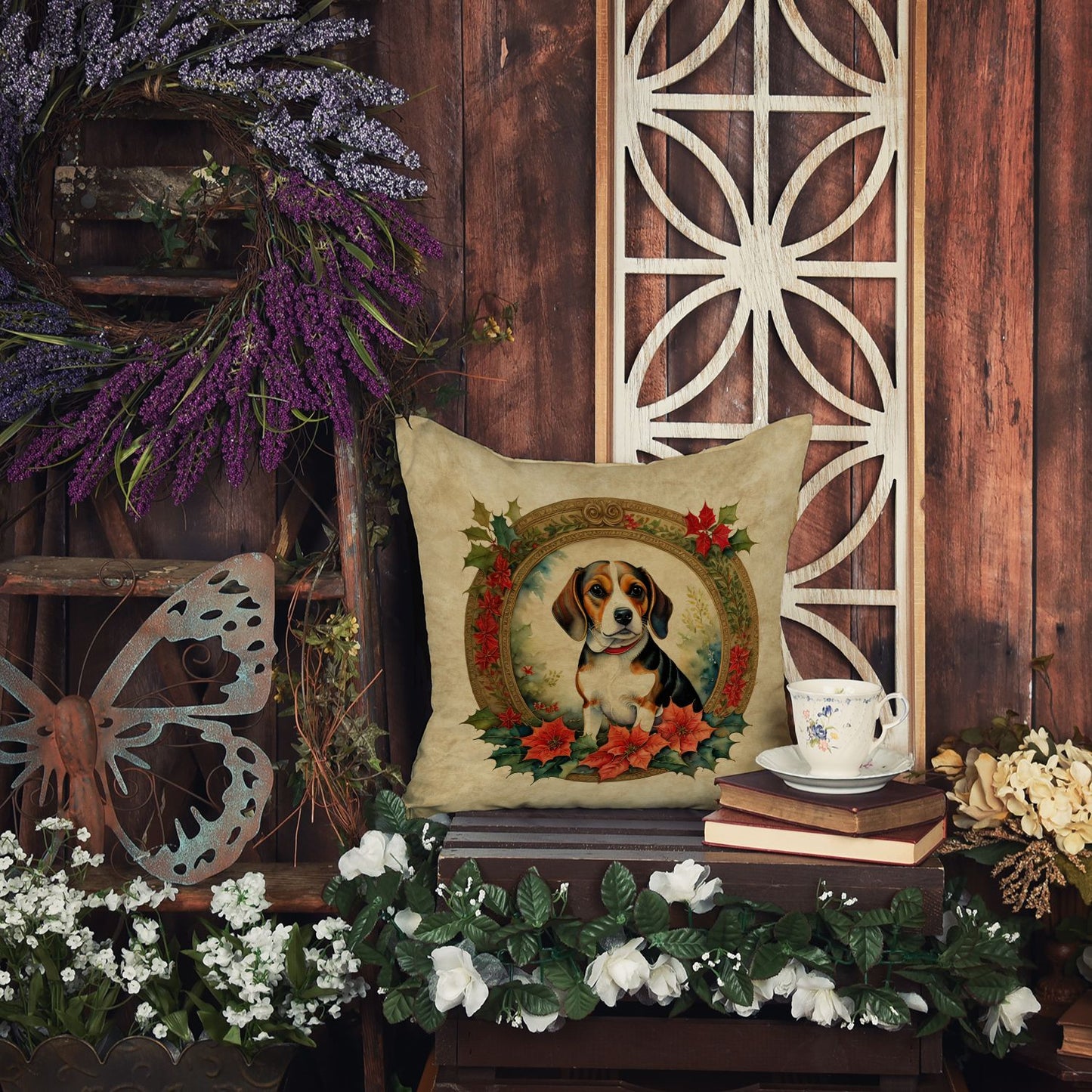 Beagle Christmas Flowers Throw Pillow Machine Washable, Indoor Outdoor Decorative Pillow for Couch, Bed or Patio, 18Hx18W