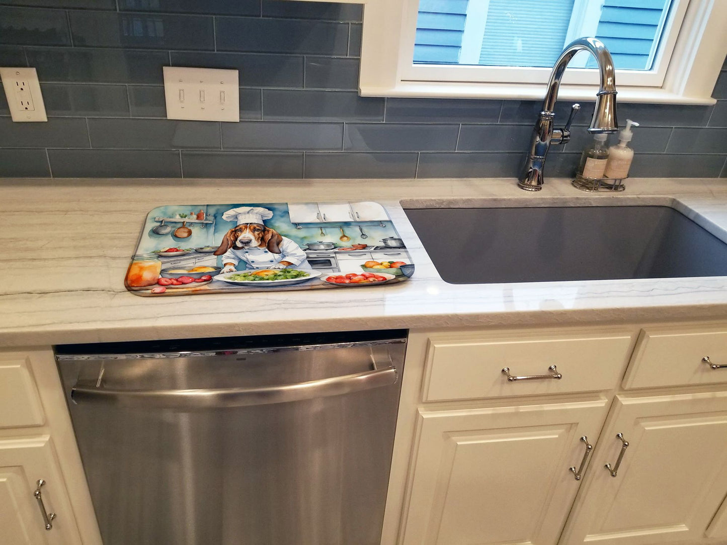 Basset Hound The Chef Dish Drying Mat Absorbent Dish Drying Mat Pad for Kitchen Counter Dish Drainer Mat for Countertop, 14 x 21", Multicolor