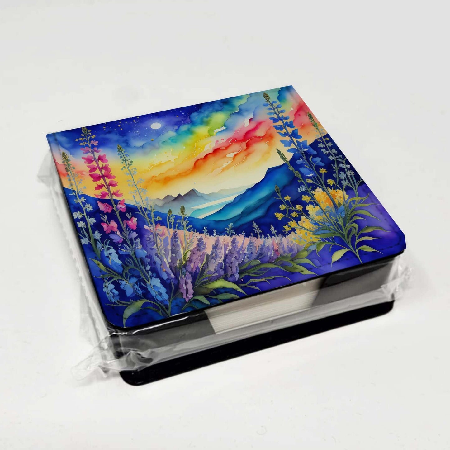 Colorful Delphinium PU Leather Note Paper Holder with Artist-Designed Cover, Desk Accessory, Office Gift