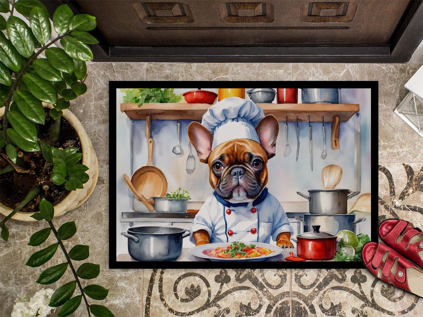 French Bulldog The Chef Doormat Front Door Mat Indoor Outdoor Rugs for Entryway, Non Slip Washable Low Pile, 24H X 36W