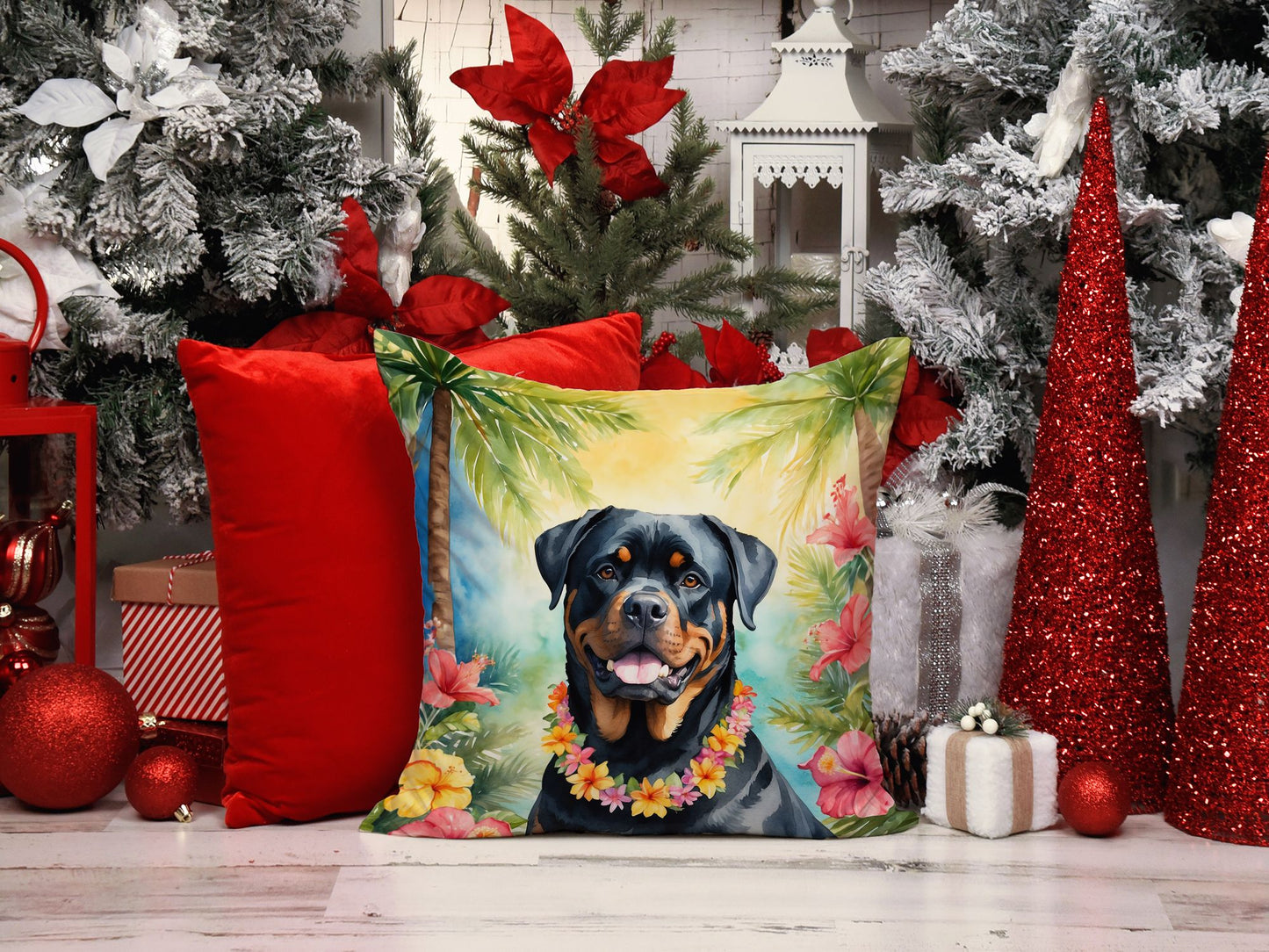 Rottweiler Luau Throw Pillow Machine Washable, Indoor Outdoor Decorative Pillow for Couch, Bed or Patio, 14Hx14W