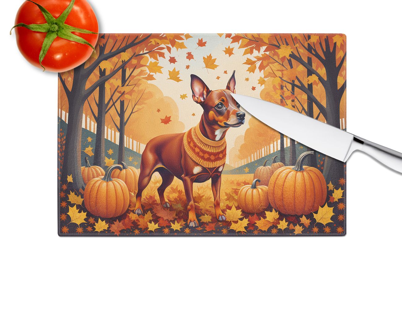 NEW Red Miniature Pinscher Fall Glass Cutting Board Decorative Tempered Glass Kitchen Cutting and Serving Board Large Size Chopping Board