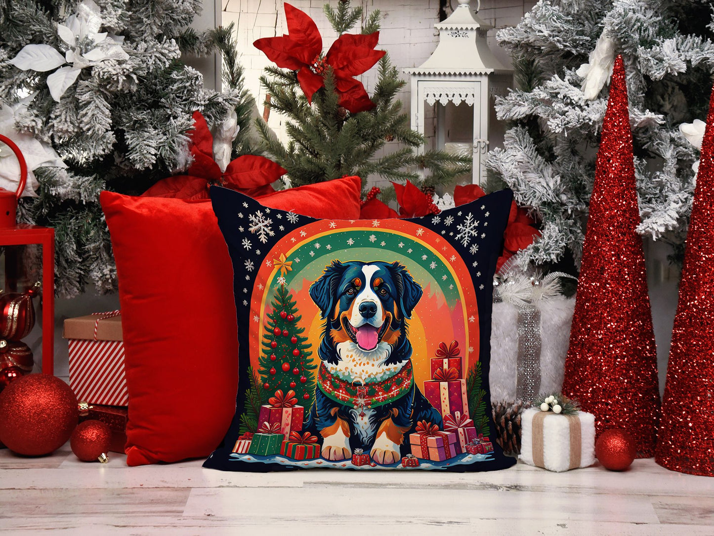 Bernese Mountain Dog Christmas Throw Pillow Machine Washable, Indoor Outdoor Decorative Pillow for Couch, Bed or Patio, 18Hx18W
