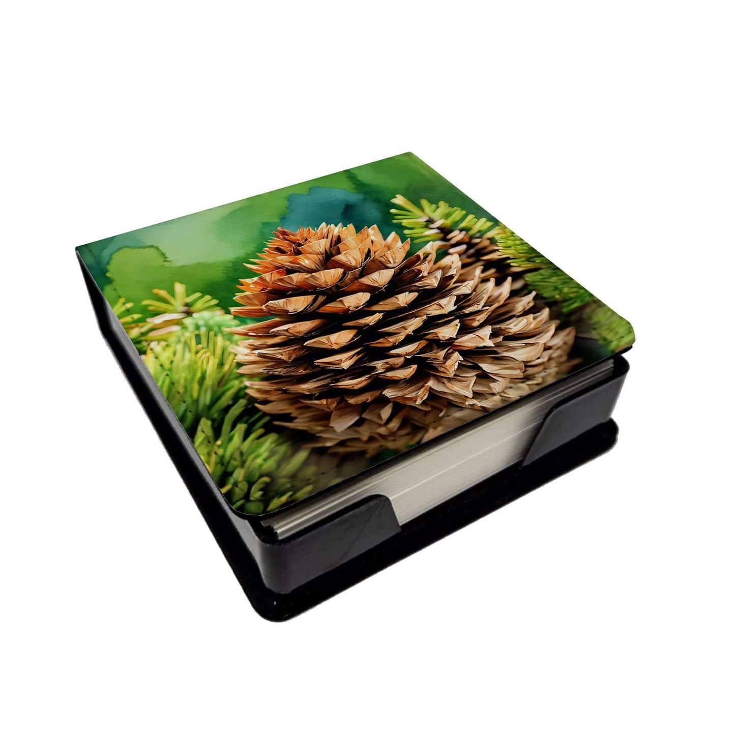 Maine White Pine Cone and Tassels in Watercolor PU Leather Note Paper Holder with Artist-Designed Cover, Desk Accessory, Office Gift