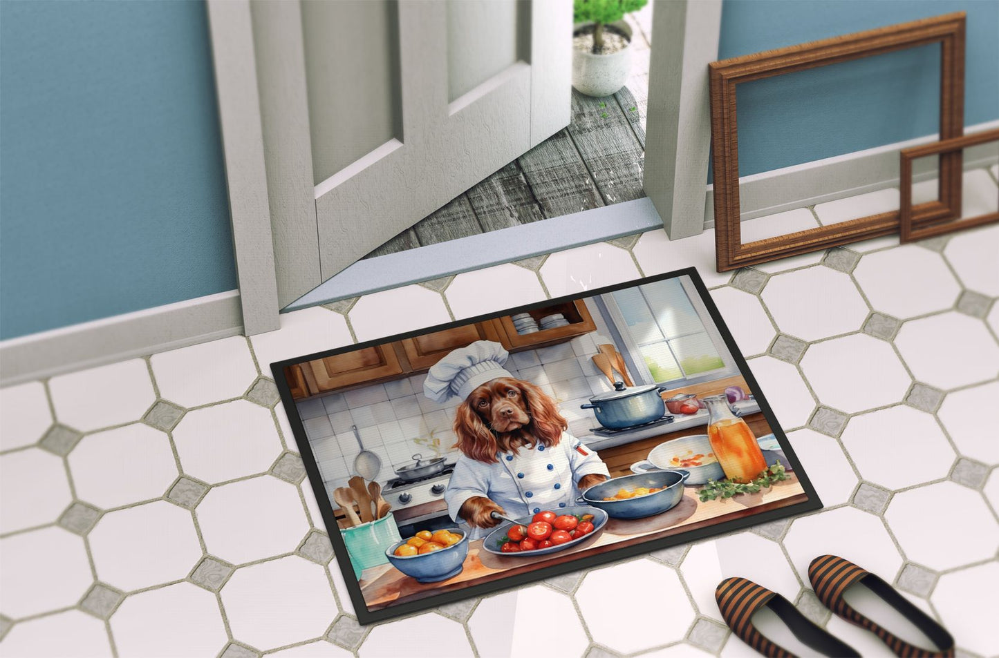 NEW Sussex Spaniel The Chef Doormat Front Door Mat Indoor Outdoor Rugs for Entryway, Non Slip Washable Low Pile, 18H X 27W