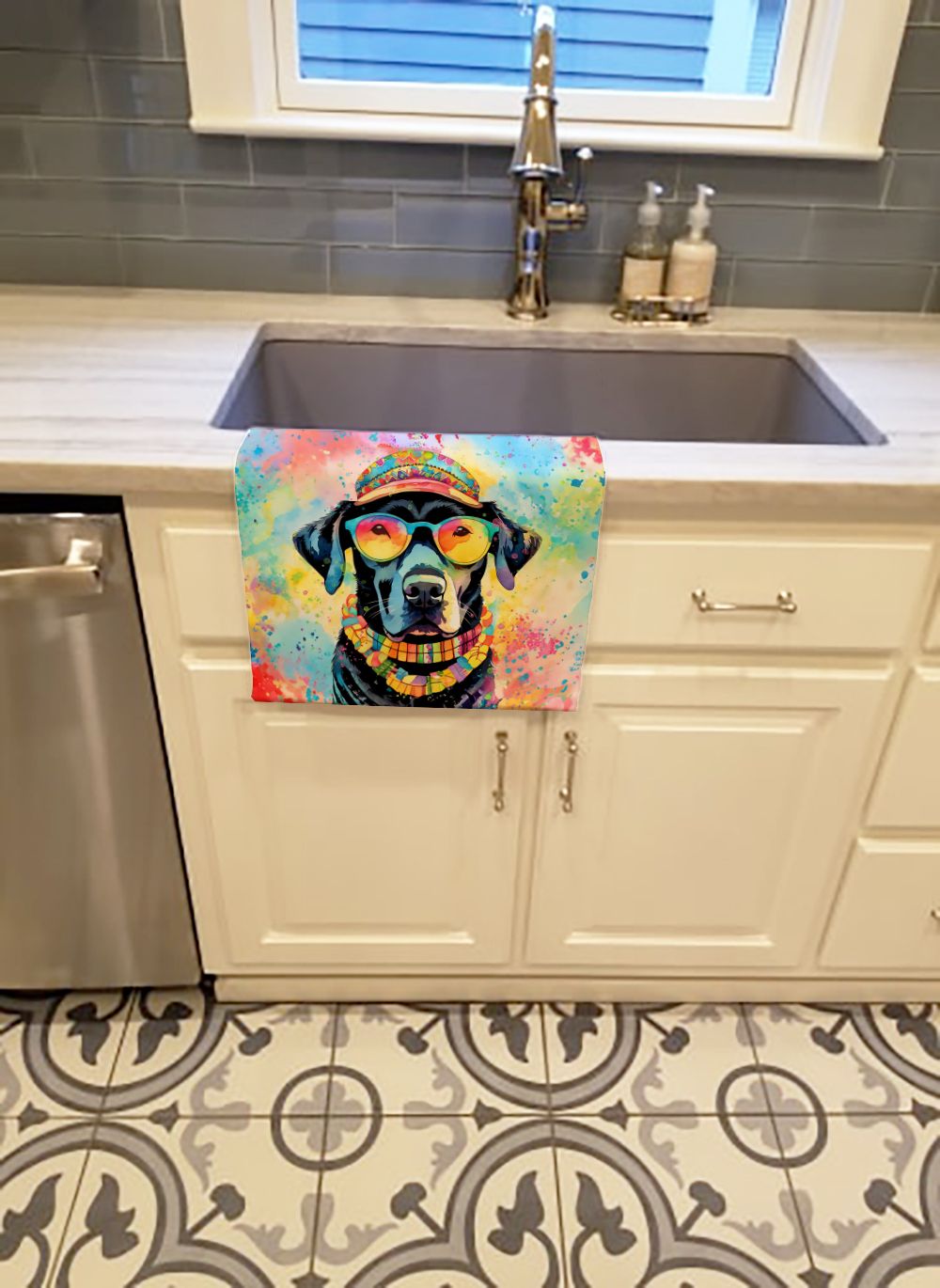 Black Labrador Hippie Dawg Kitchen Towel Dish Cloths Guest Hand Towel Decorative Bathroom Towel for Face,Tea, Dishcloth, Kitchen and Bath