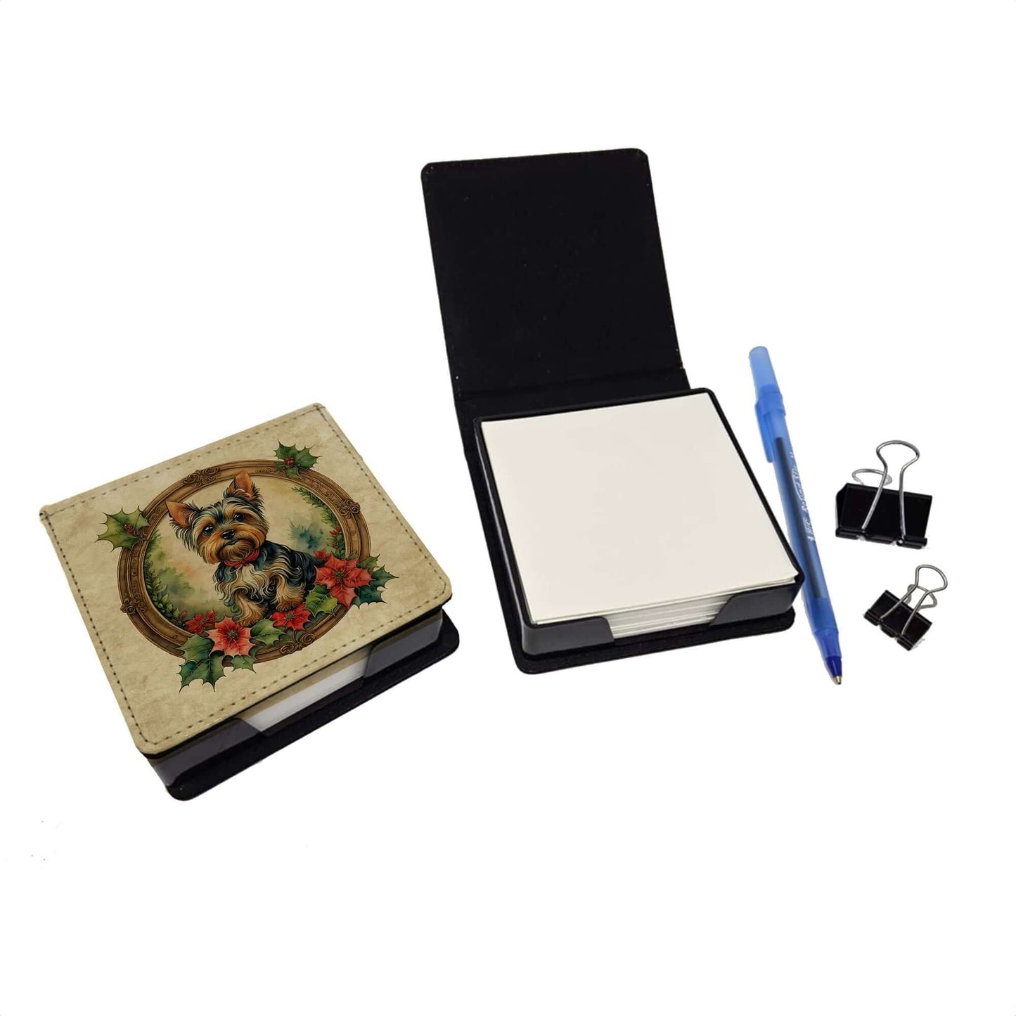 Yorkie Christmas Flowers PU Leather Note Paper Holder with Artist-Designed Cover, Desk Accessory, Office Gift
