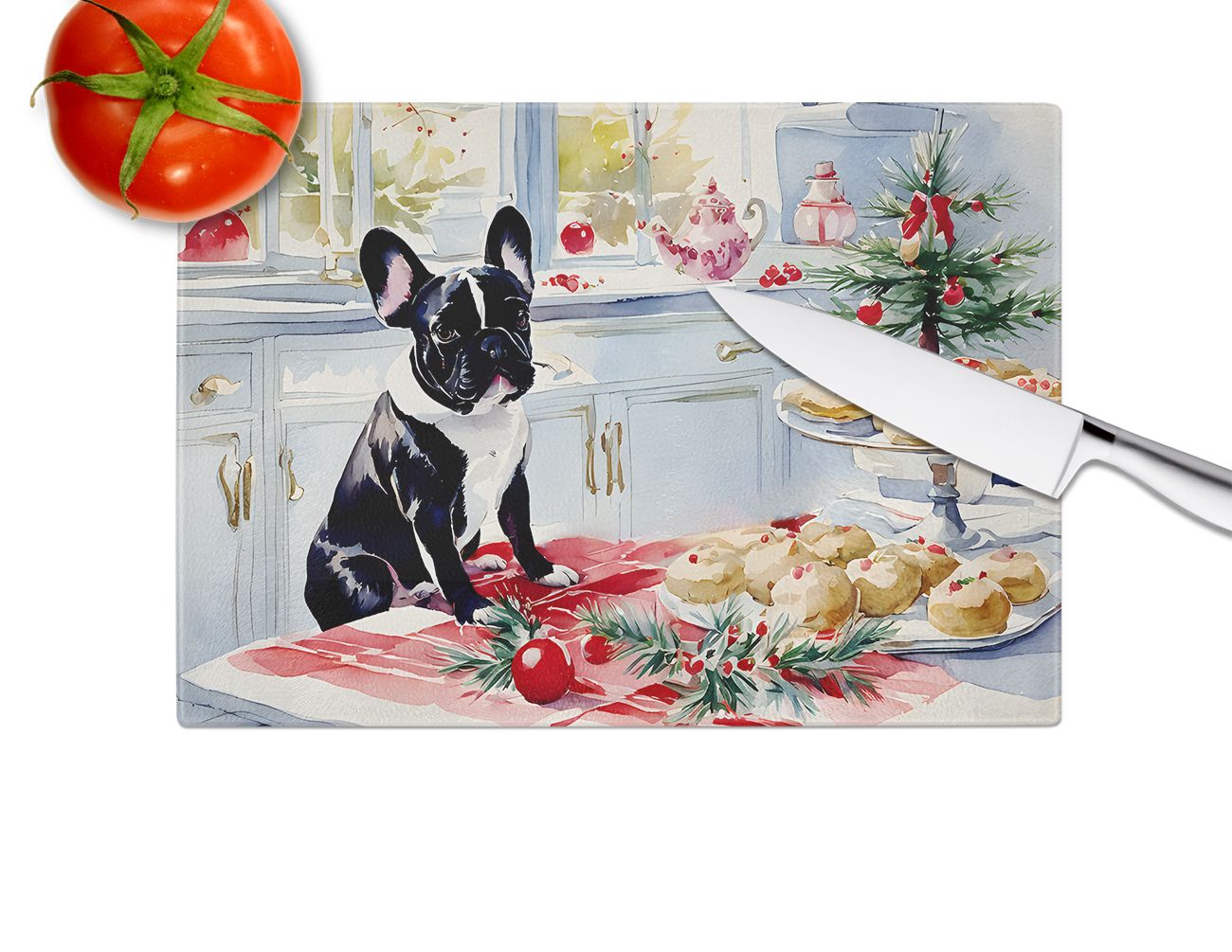 NEW French Bulldog Christmas Cookies Glass Cutting Board Decorative Tempered Glass Kitchen Cutting and Serving Board Large Size Chopping Board