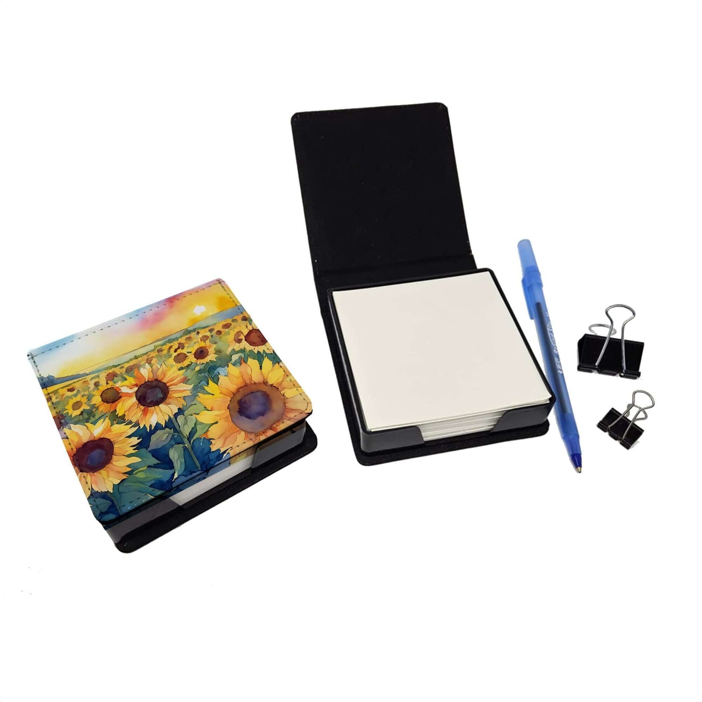 Kansas Sunflowers in Watercolor PU Leather Note Paper Holder with Artist-Designed Cover, Desk Accessory, Office Gift