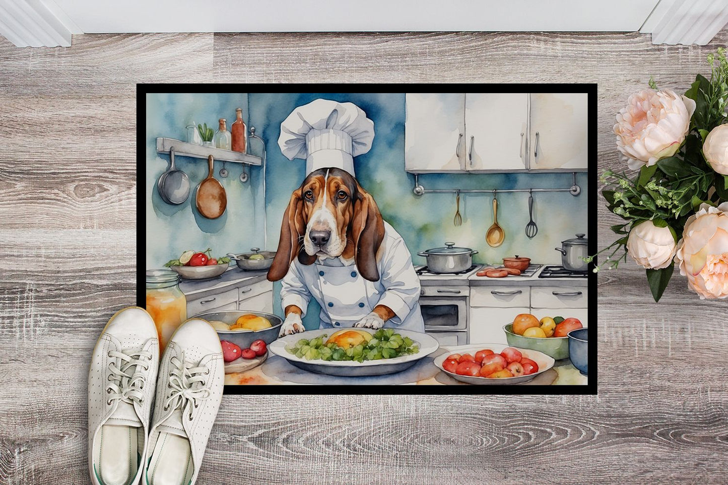Basset Hound The Chef Doormat Front Door Mat Indoor Outdoor Rugs for Entryway, Non Slip Washable Low Pile, 24H X 36W