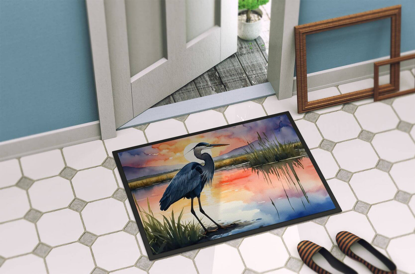 Blue Heron Setting Sun Doormat Front Door Mat Indoor Outdoor Rugs for Entryway, Non Slip Washable Low Pile, 24H X 36W