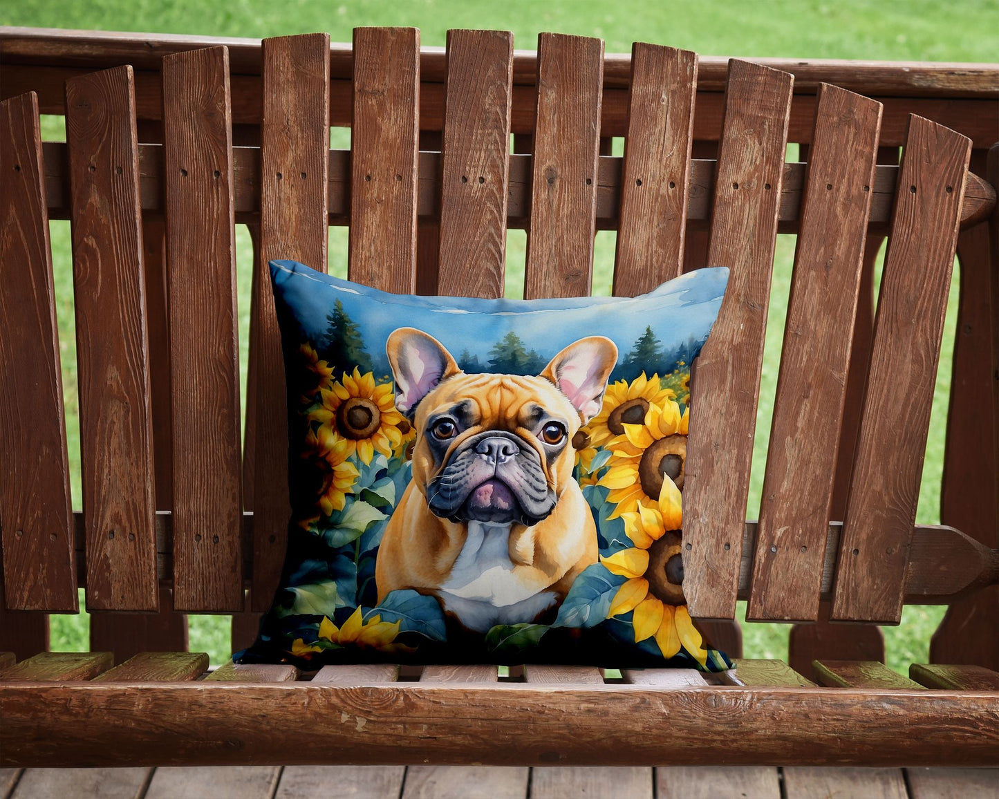 French Bulldog in Sunflowers Throw Pillow Machine Washable, Indoor Outdoor Decorative Pillow for Couch, Bed or Patio, 14Hx14W
