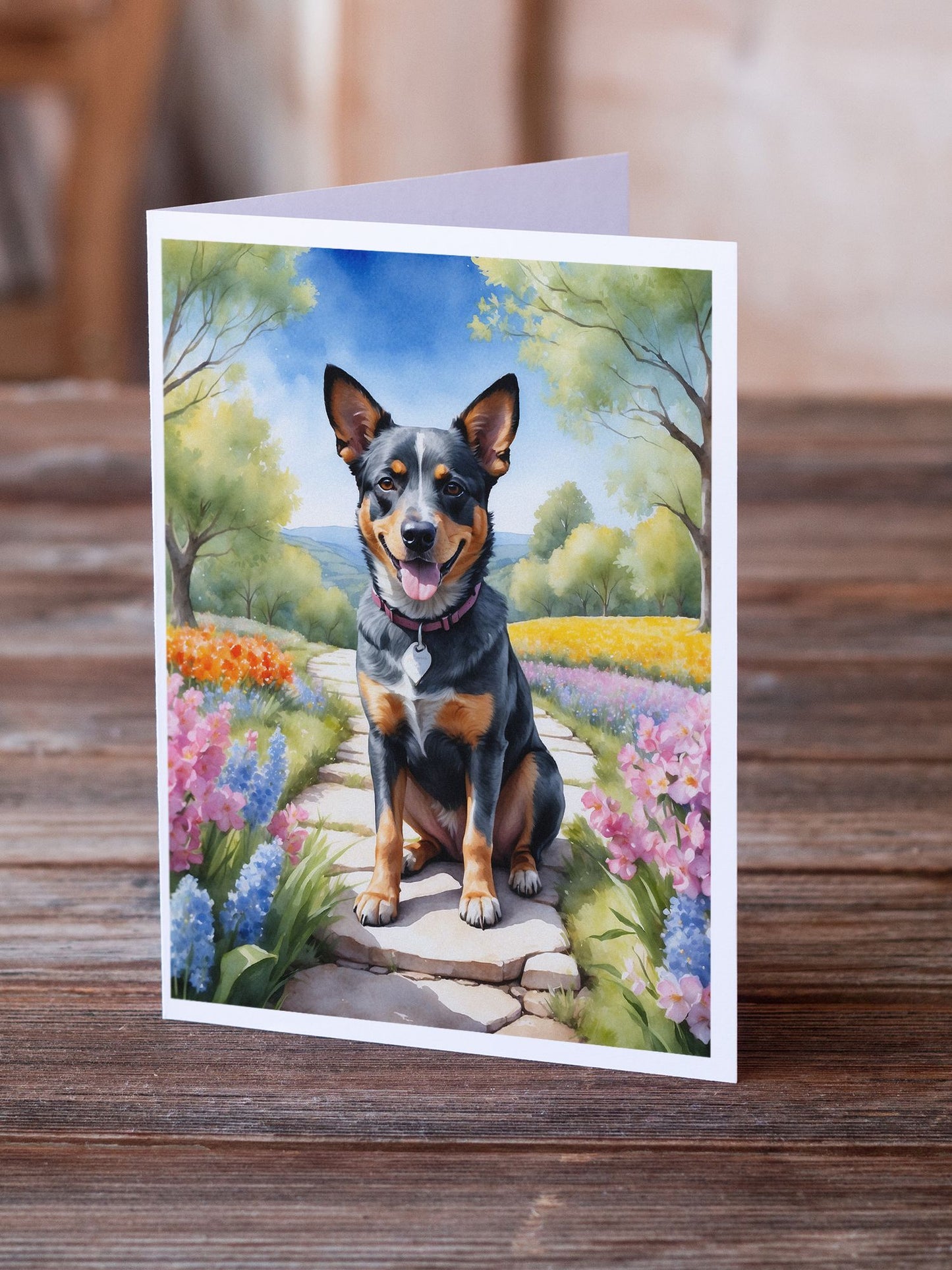 Australian Cattle Dog Spring Garden Greeting Cards Pack of 8 Blank Cards with Envelopes Whimsical A7 Size 5x7 Blank Note Cards