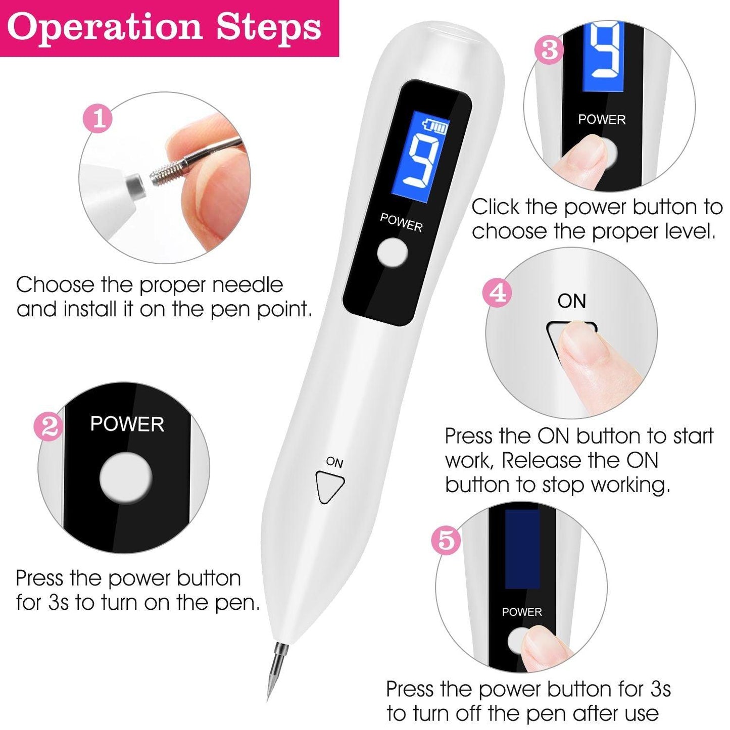 Skin Tag Repair Kit Portable Beauty Equipment Multi-Level with Home Usage USB Charging LCD Level Adjustable 6 Replaceable Needles - Clothes For Her Online Store