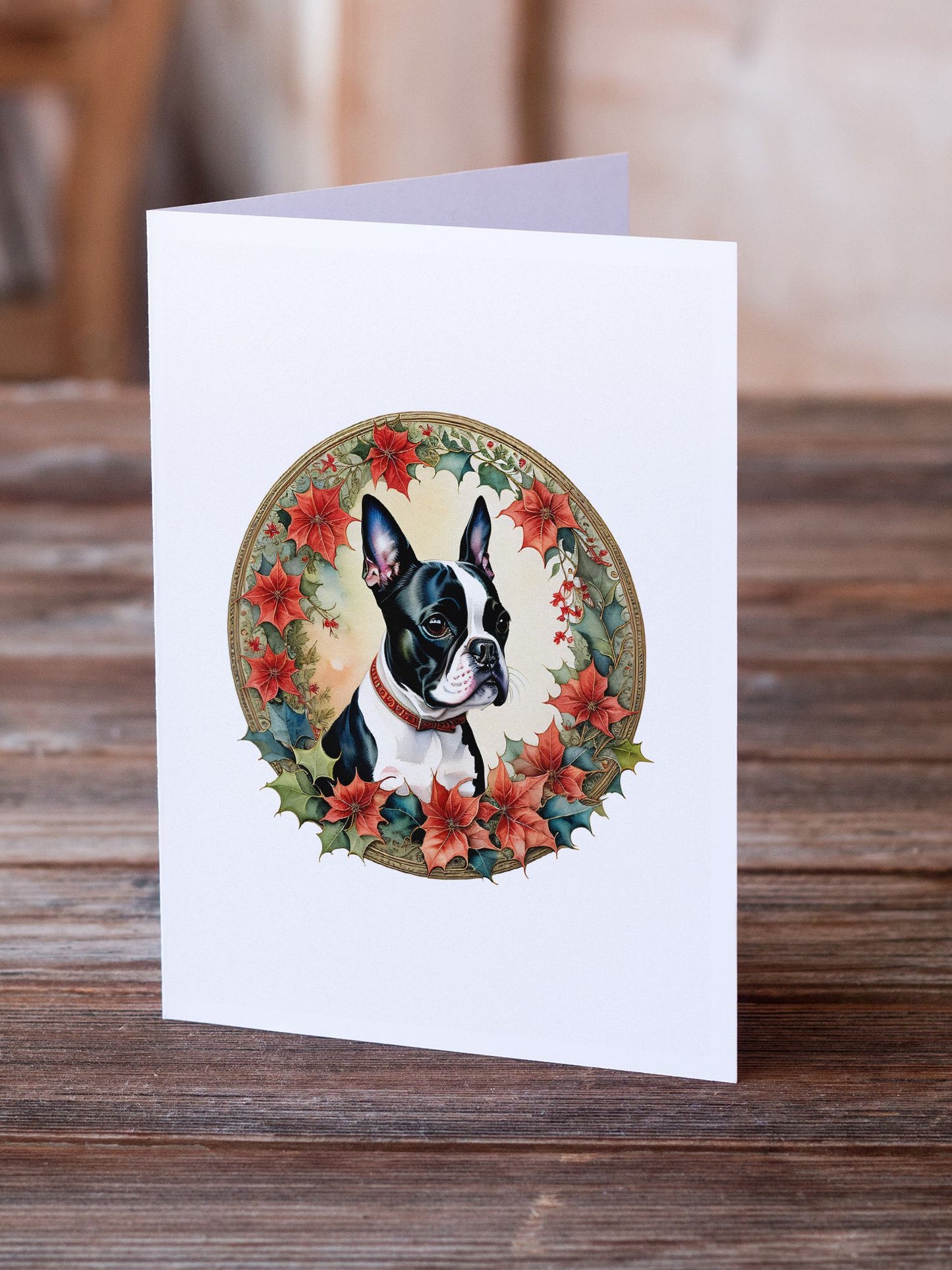 Boston Terrier Christmas Flowers Greeting Cards Pack of 8 Blank Cards with Envelopes Whimsical A7 Size 5x7 Blank Note Cards