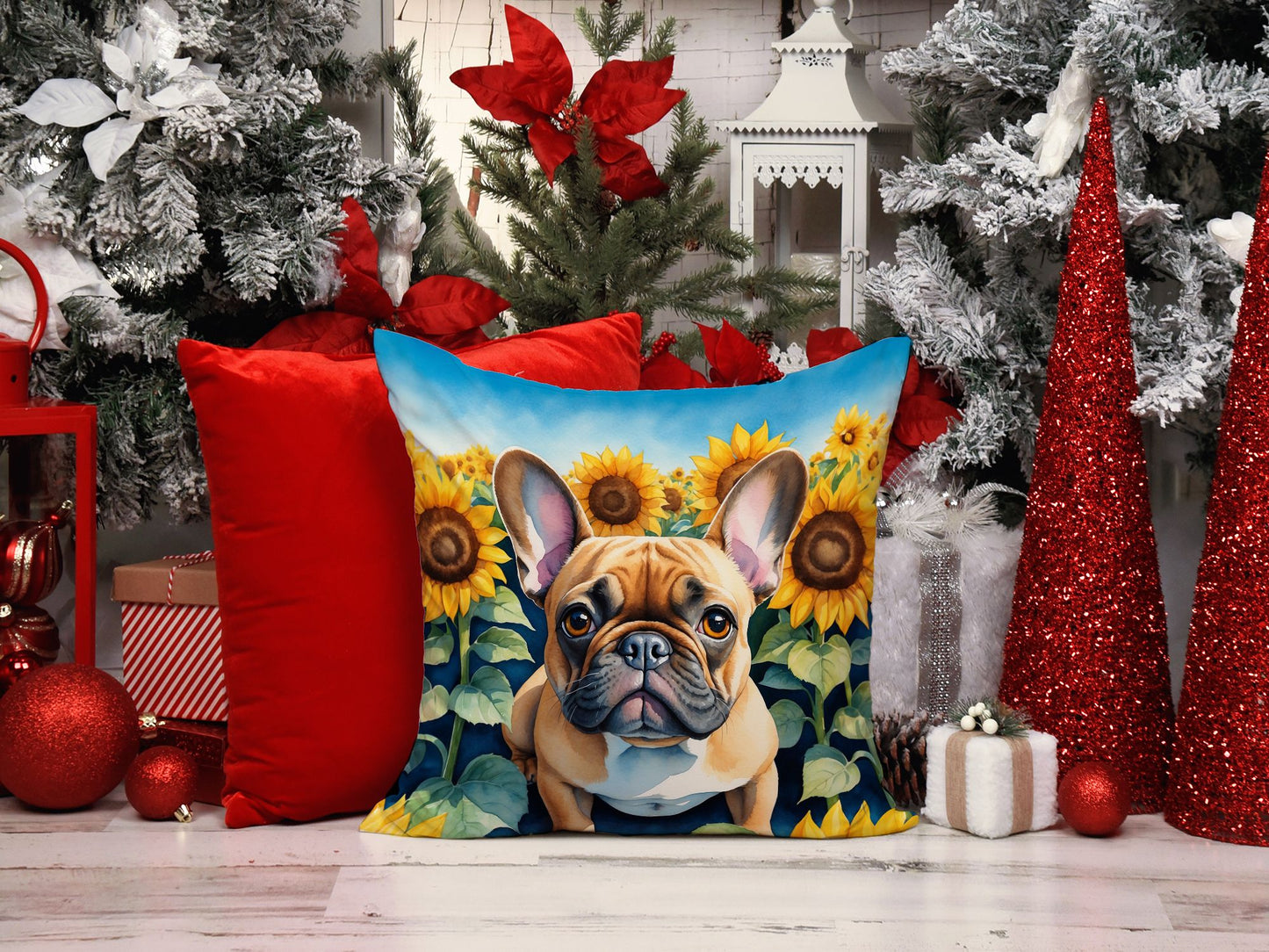 French Bulldog in Sunflowers Throw Pillow Machine Washable, Indoor Outdoor Decorative Pillow for Couch, Bed or Patio, 14Hx14W