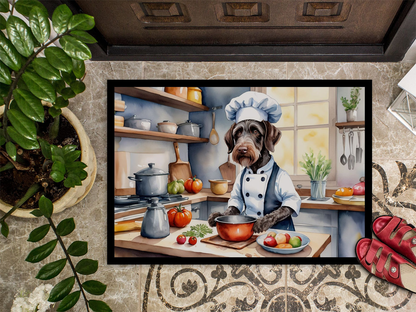 German Wirehaired Pointer The Chef Doormat Front Door Mat Indoor Outdoor Rugs for Entryway, Non Slip Washable Low Pile, 24H X 36W