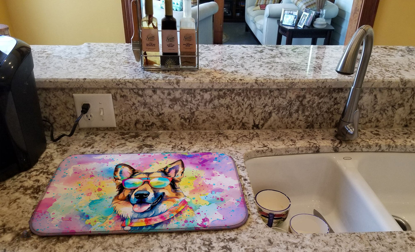 German Shepherd Hippie Dawg Dish Drying Mat Absorbent Dish Drying Mat Pad for Kitchen Counter Dish Drainer Mat for Countertop, 14 x 21", Multicolor