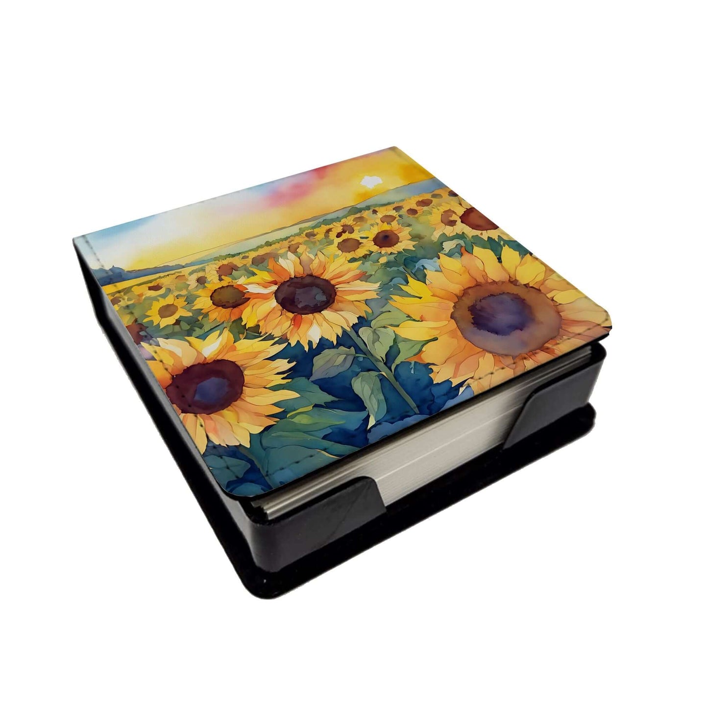 Kansas Sunflowers in Watercolor PU Leather Note Paper Holder with Artist-Designed Cover, Desk Accessory, Office Gift