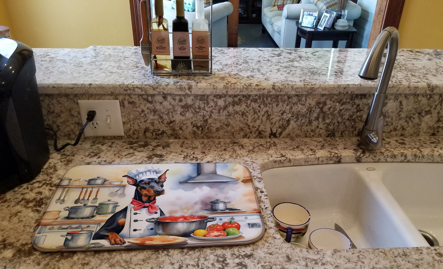 Doberman Pinscher The Chef Dish Drying Mat Absorbent Dish Drying Mat Pad for Kitchen Counter Dish Drainer Mat for Countertop, 14 x 21", Multicolor