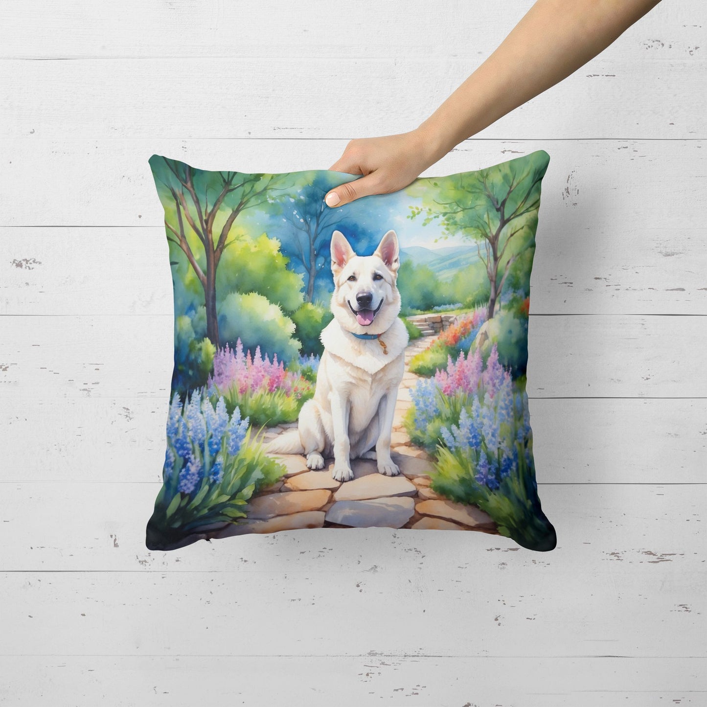 German Shepherd Spring Path Throw Pillow Machine Washable, Indoor Outdoor Decorative Pillow for Couch, Bed or Patio, 18Hx18W