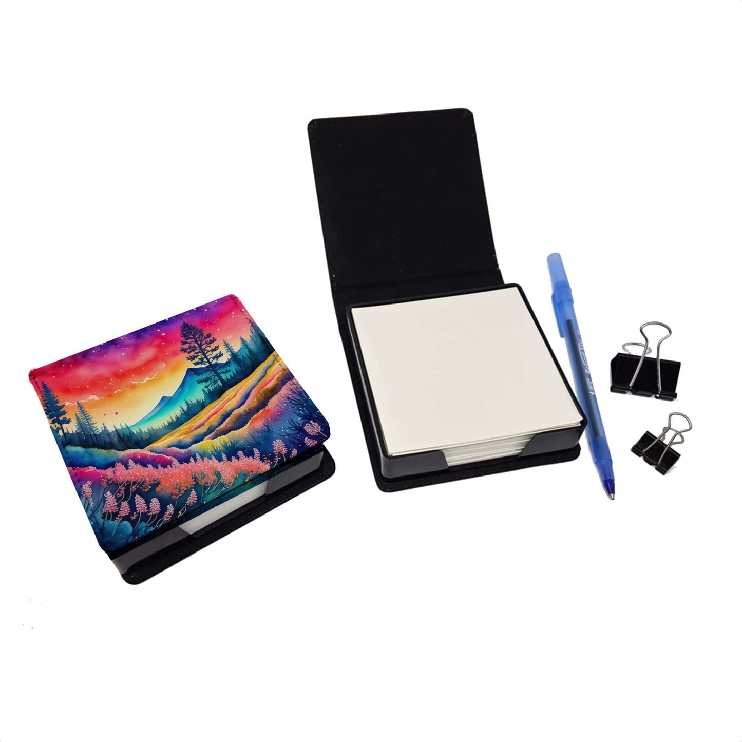 Colorful Yarrow PU Leather Note Paper Holder with Artist-Designed Cover, Desk Accessory, Office Gift