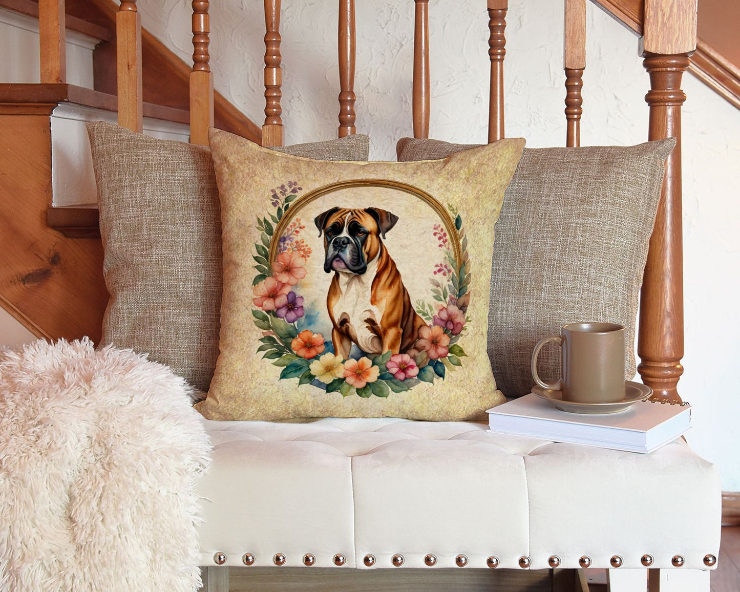 Boxer and Flowers Throw Pillow Machine Washable, Indoor Outdoor Decorative Pillow for Couch, Bed or Patio, 14Hx14W