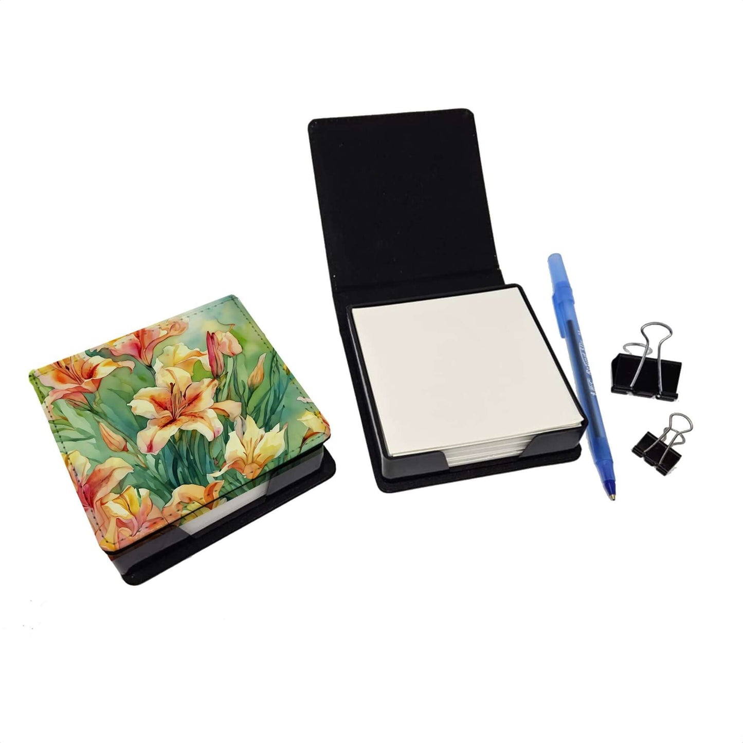 Utah Sego Lilies in Watercolor PU Leather Note Paper Holder with Artist-Designed Cover, Desk Accessory, Office Gift