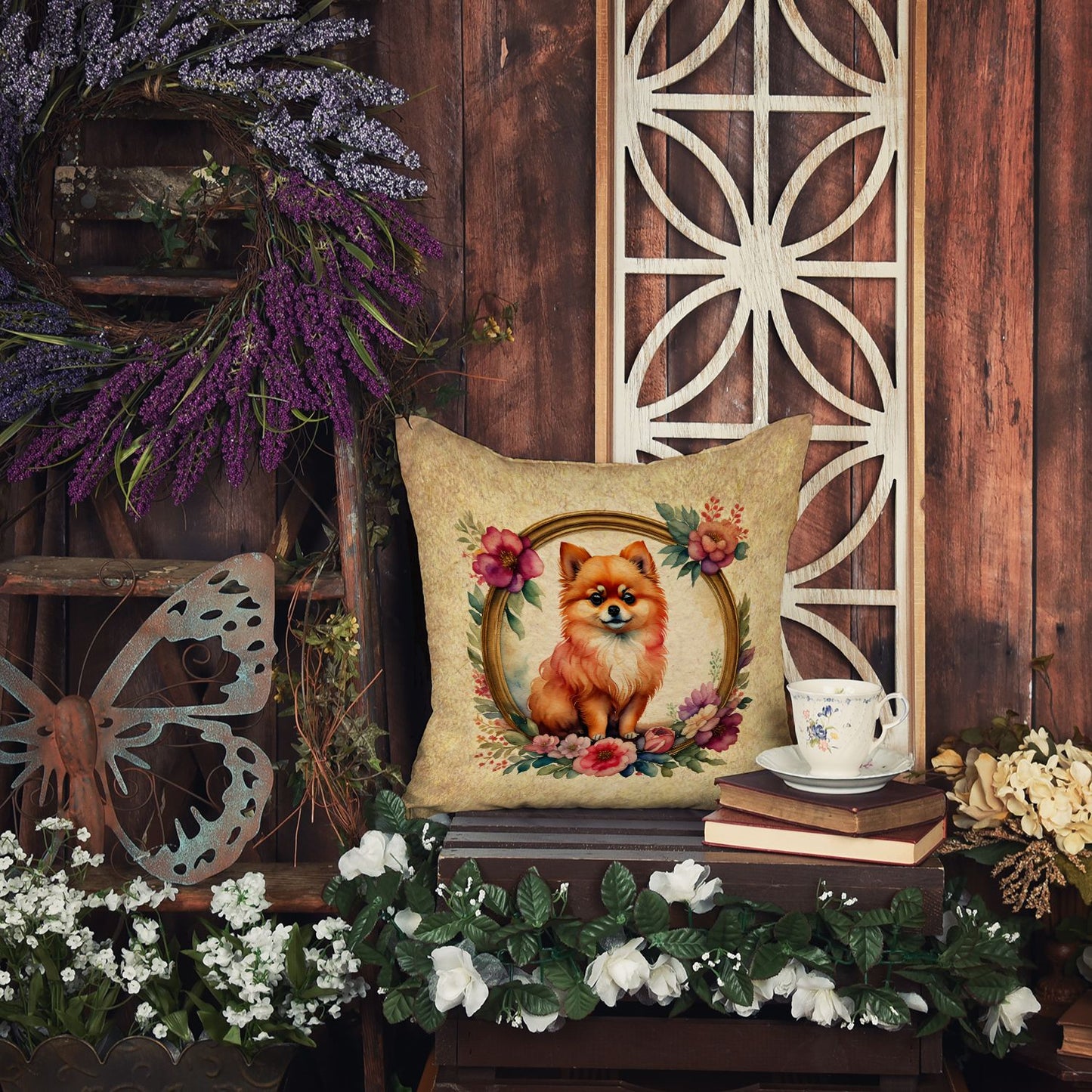 Pomeranian and Flowers Throw Pillow Machine Washable, Indoor Outdoor Decorative Pillow for Couch, Bed or Patio, 14Hx14W