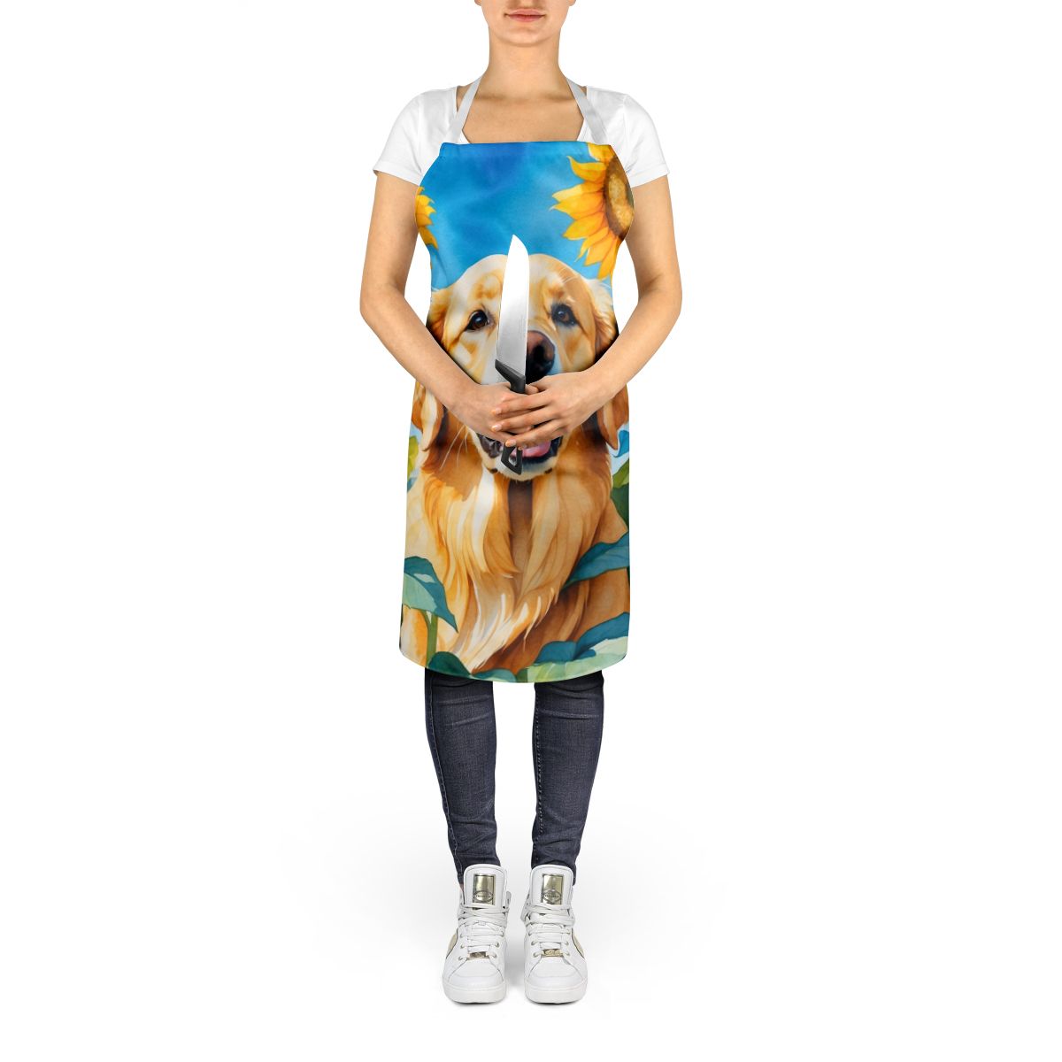Golden Retriever in Sunflowers Apron Cooking Kitchen Server Baking Crafts Gardening for Adult Women Men, Unisex, Large, Multicolor