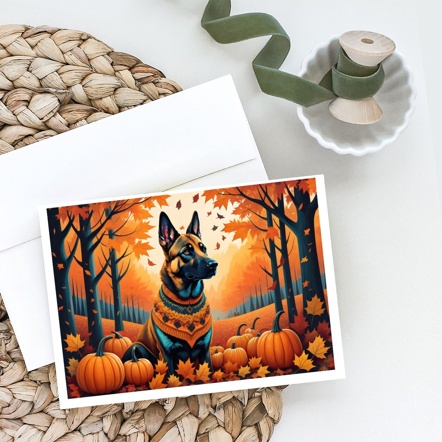 Belgian Malinois Fall Greeting Cards Pack of 8 Blank Cards with Envelopes Whimsical A7 Size 5x7 Blank Note Cards