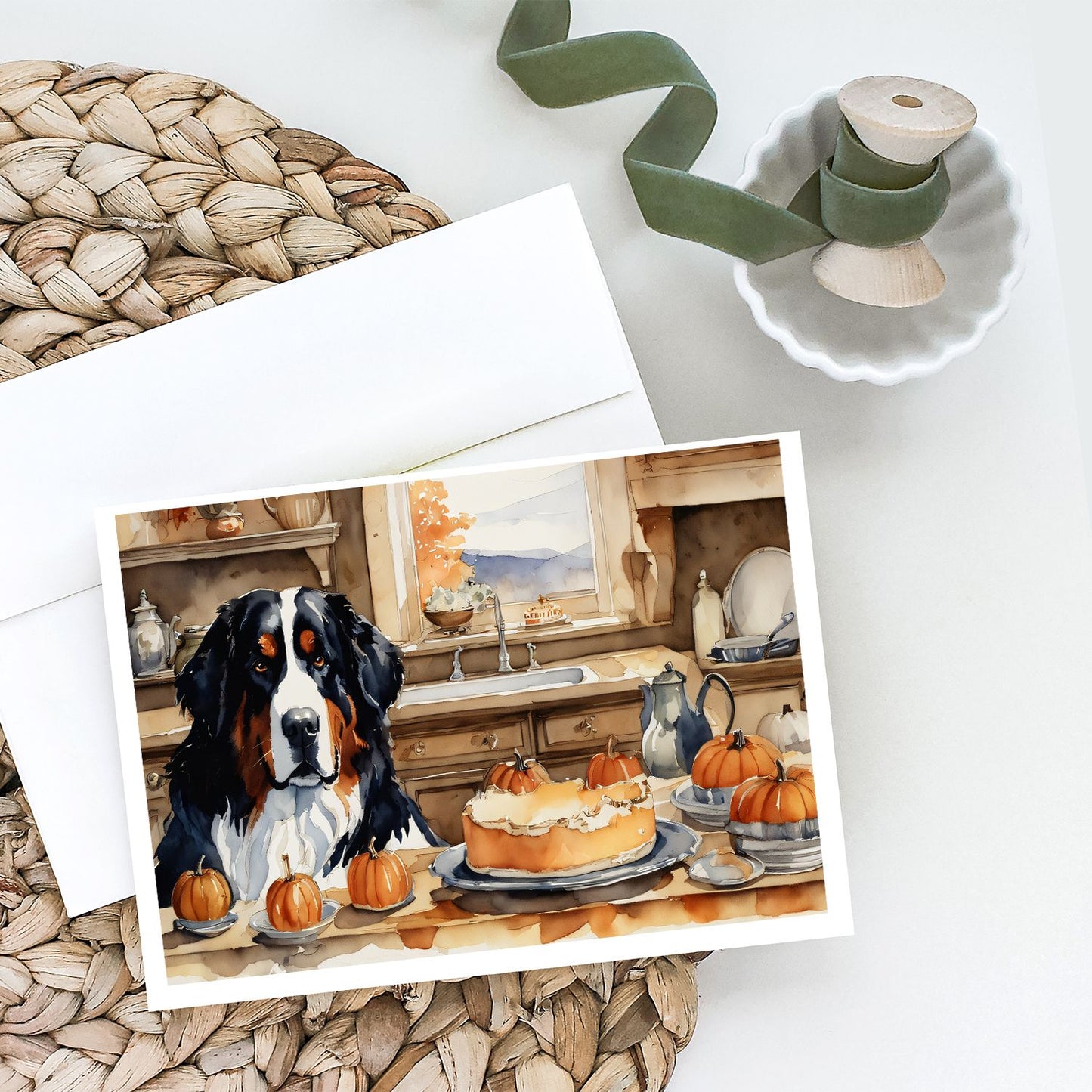 Bernese Mountain Dog Fall Kitchen Pumpkins Greeting Cards Pack of 8 Blank Cards with Envelopes Whimsical A7 Size 5x7 Blank Note Cards