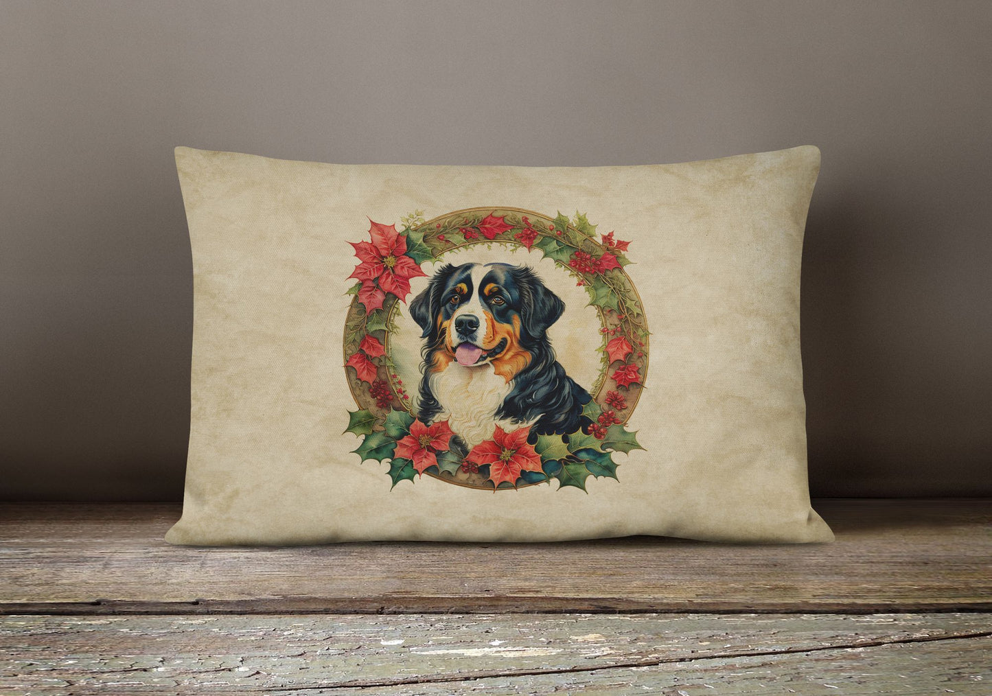 Christmas Flowers Frame Throw Pillow Throw Pillow for Indoor Couch Bed Outdoor Patio Washable, Bernese Mountain Dog 2319,12Hx16W