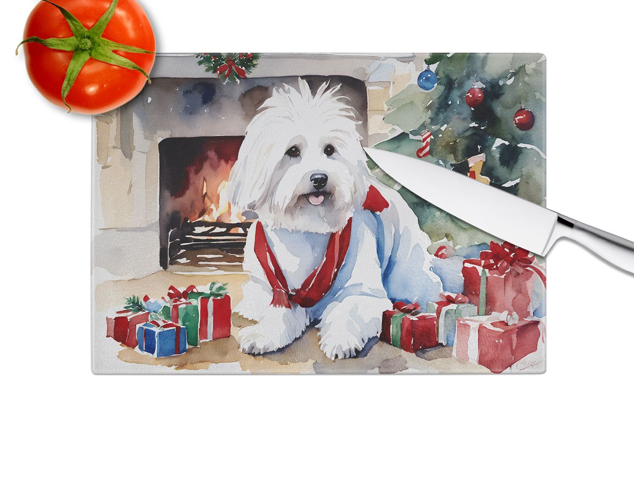 NEW Coton De Tulear Cozy Christmas Glass Cutting Board Decorative Tempered Glass Kitchen Cutting and Serving Board Large Size Chopping Board