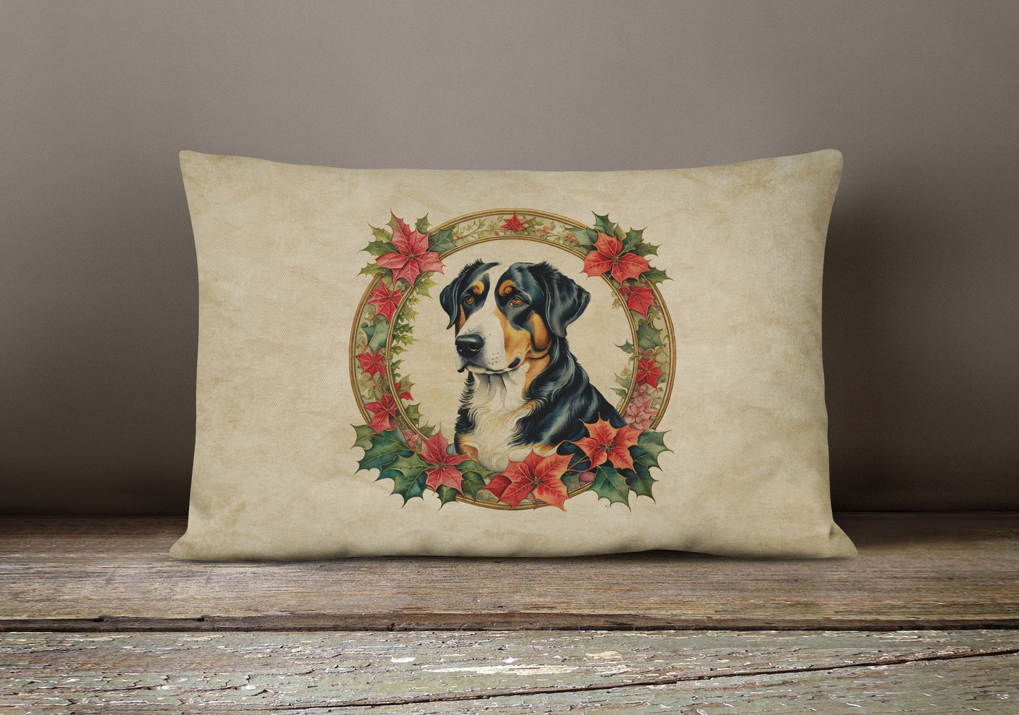 Christmas Flowers Frame Throw Pillow Throw Pillow for Indoor Couch Bed Outdoor Patio Washable, Greater Swiss Mountain Dog 2373,12Hx16W