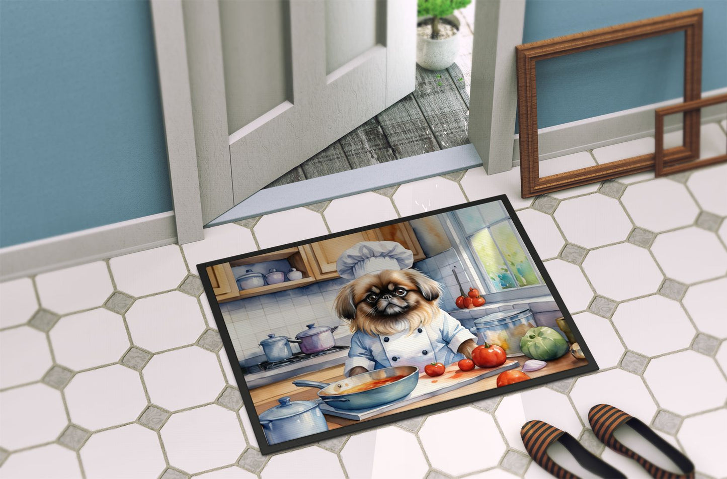 NEW Pekingese The Chef Doormat Front Door Mat Indoor Outdoor Rugs for Entryway, Non Slip Washable Low Pile, 18H X 27W