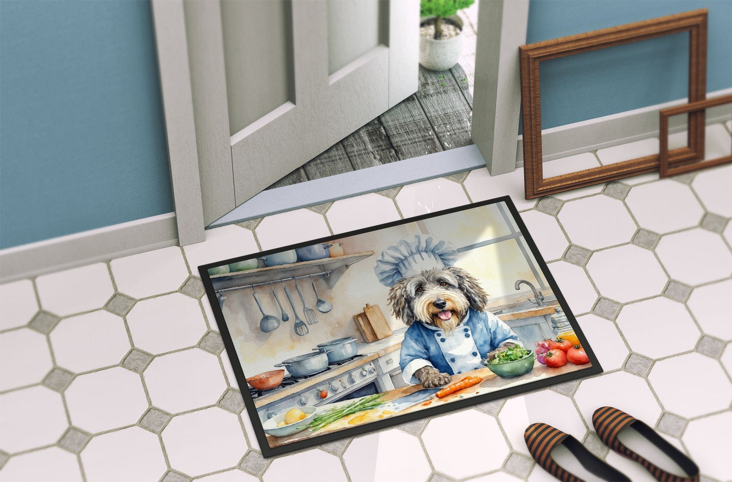 Bergamasco Sheepdog The Chef Doormat Front Door Mat Indoor Outdoor Rugs for Entryway, Non Slip Washable Low Pile, 24H X 36W