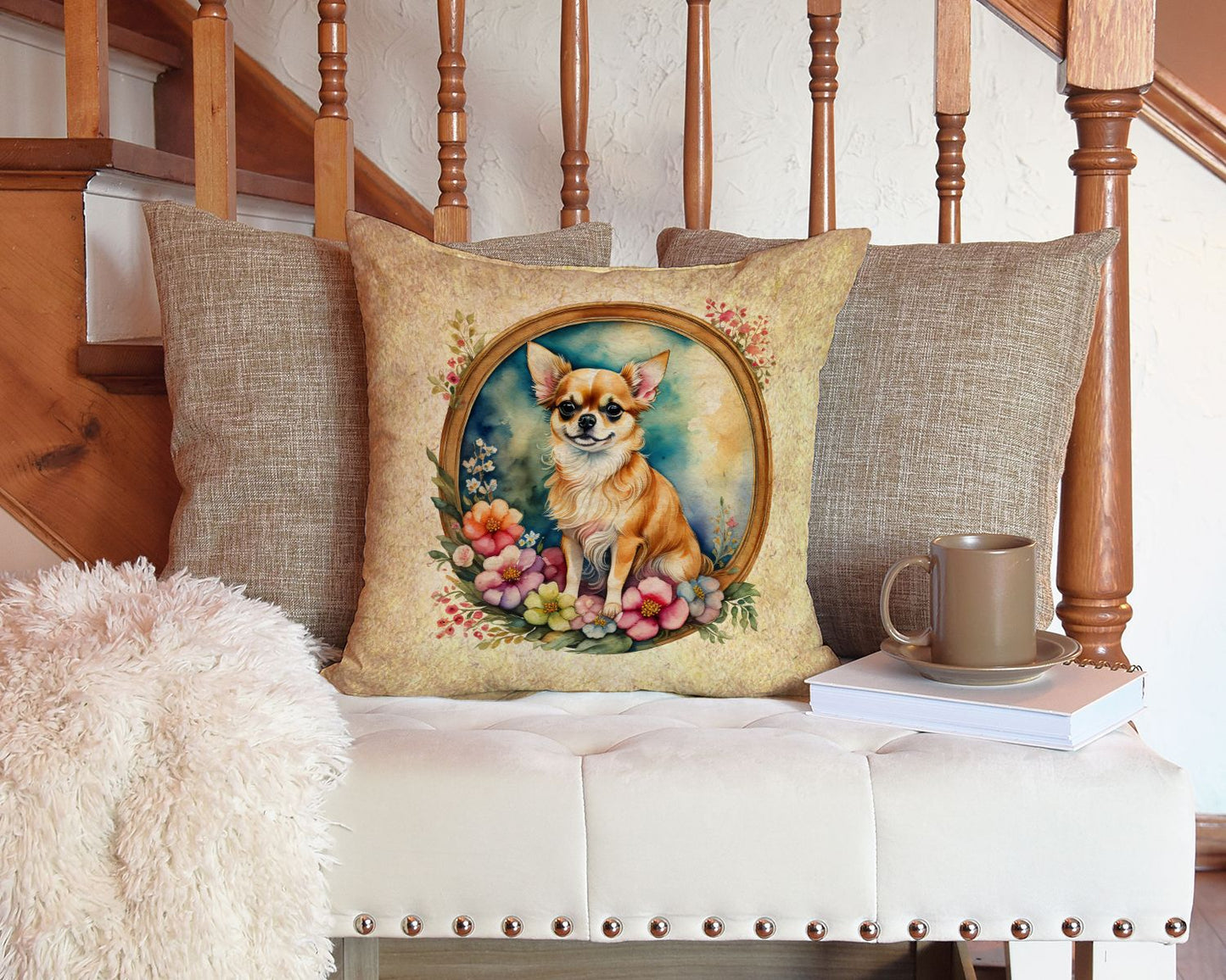 Chihuahua and Flowers Throw Pillow Machine Washable, Indoor Outdoor Decorative Pillow for Couch, Bed or Patio, 14Hx14W