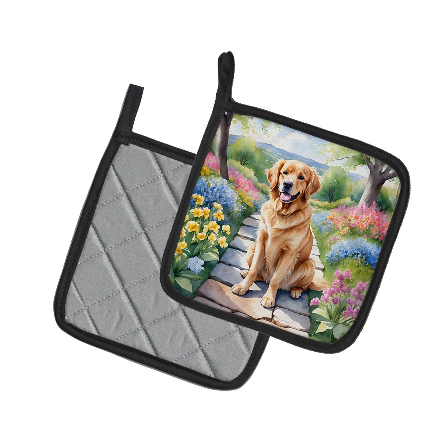 Golden Retriever Spring Path Pair of Pot Holders Kitchen Heat Resistant Pot Holders Sets Oven Hot Pads for Cooking Baking BBQ, 7 1/2 x 7 1/2