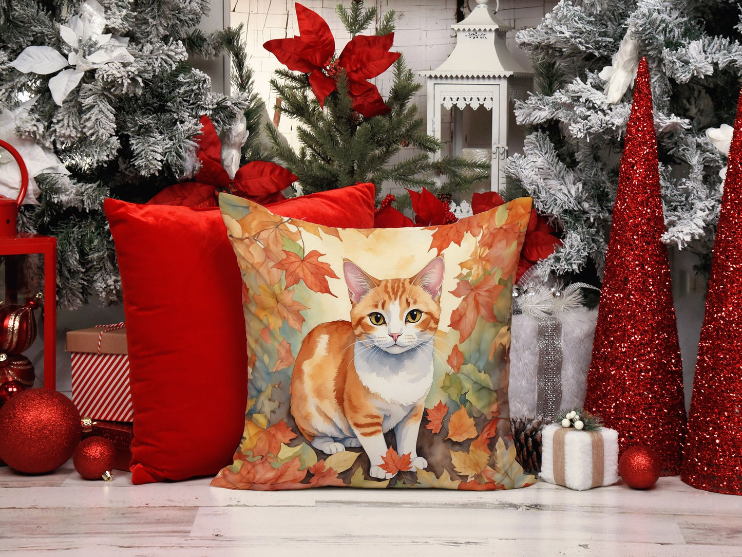 Japanese Bobtail Cat in Fall Leaves Throw Pillow Machine Washable, Indoor Outdoor Decorative Pillow for Couch, Bed or Patio, 14Hx14W