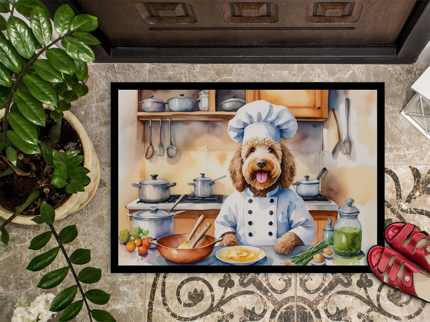 NEW Labradoodle The Chef Doormat Front Door Mat Indoor Outdoor Rugs for Entryway, Non Slip Washable Low Pile, 18H X 27W