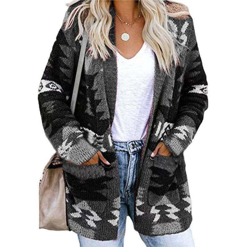 Open Front Sweater Christmas Print Knit Cardigan - Clothes For Her Online Store