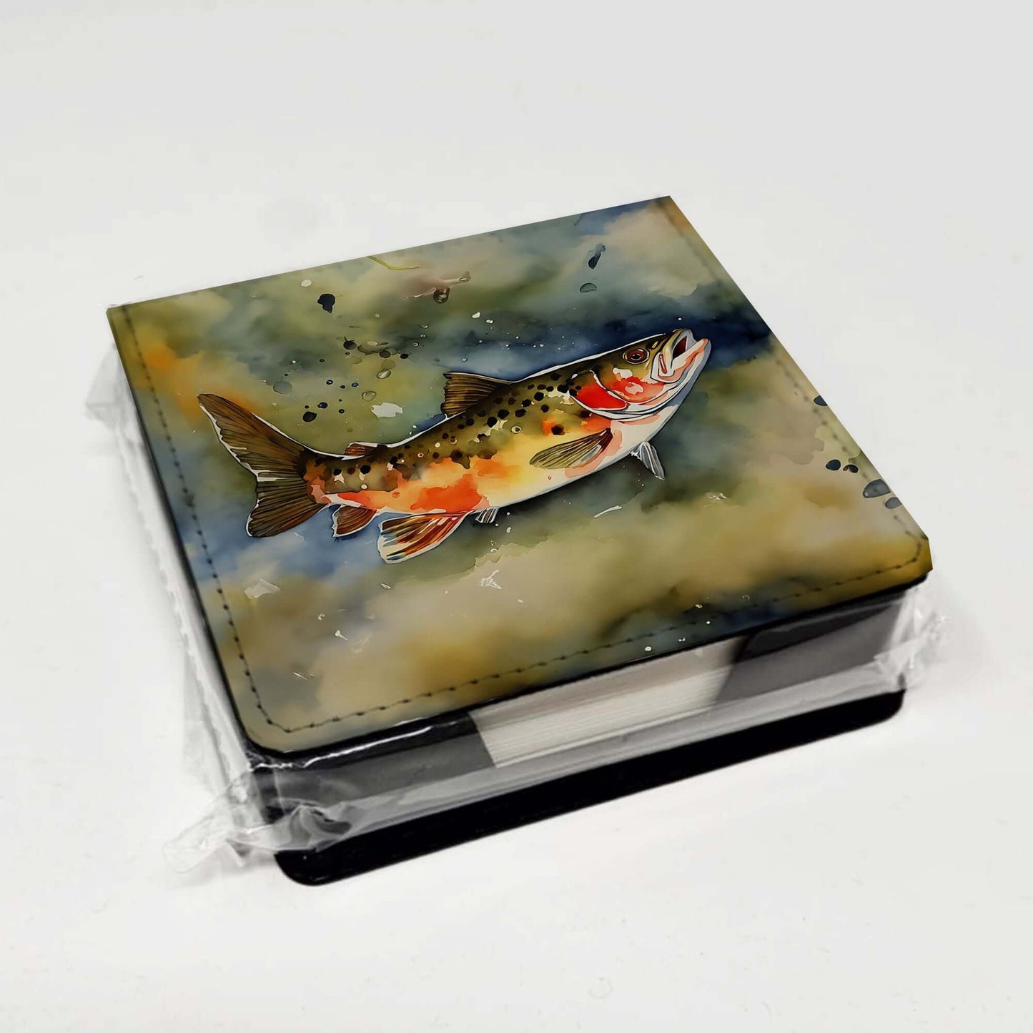 Brook Trout PU Leather Note Paper Holder with Artist-Designed Cover, Desk Accessory, Office Gift
