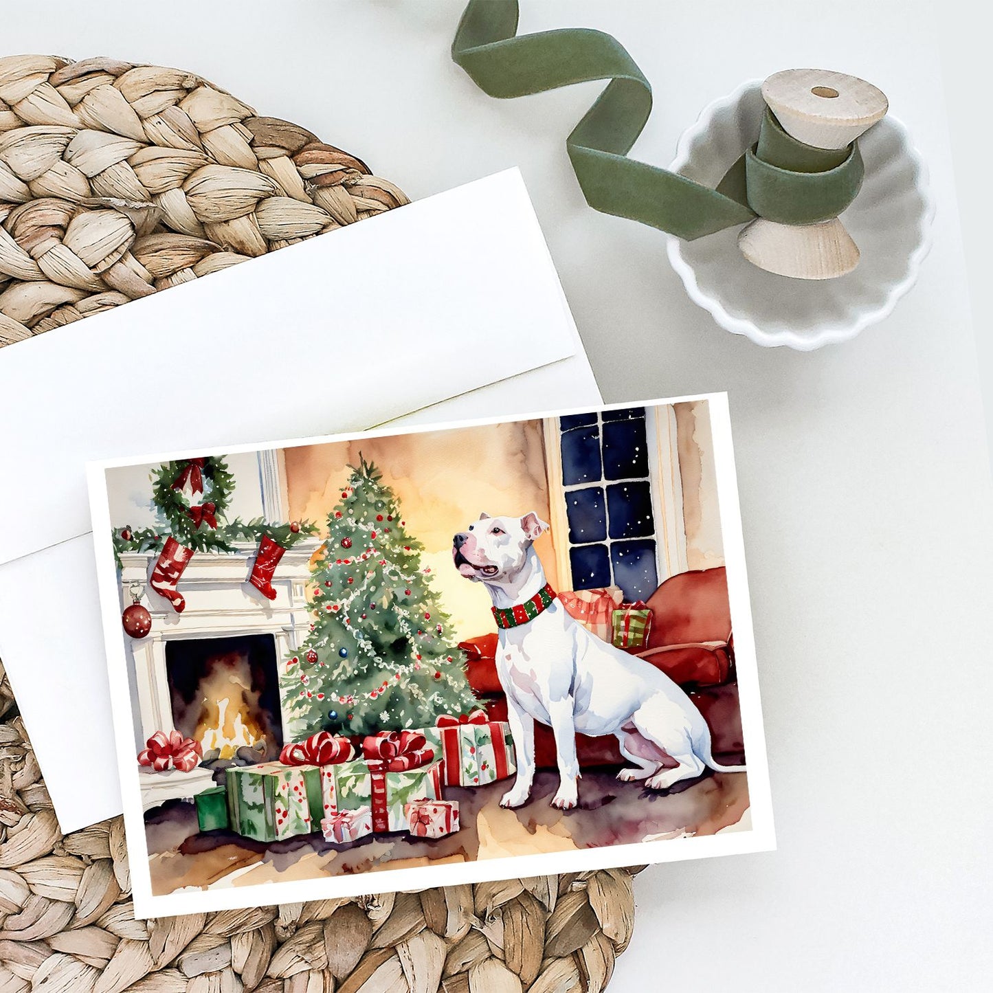 NEW White Pit Bull Terrier Christmas Greeting Cards Pack of 8 Blank Cards with Envelopes Whimsical A7 Size 5x7 Blank Note Cards