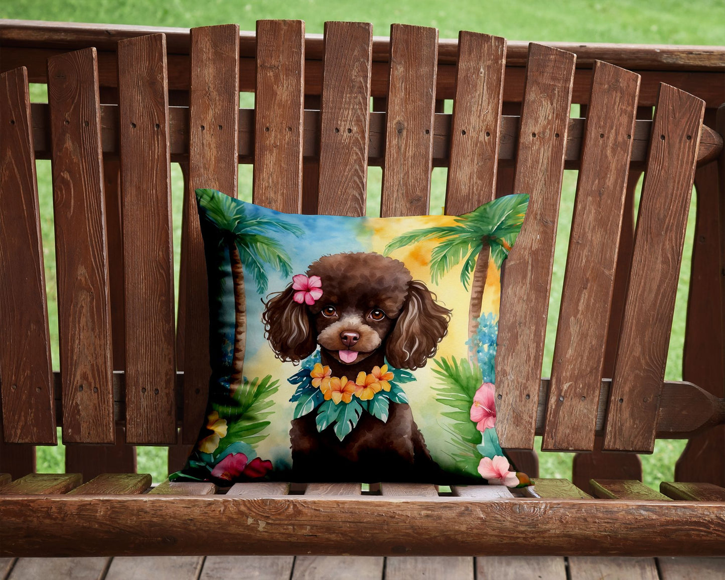 Chocolate Poodle Luau Throw Pillow Machine Washable, Indoor Outdoor Decorative Pillow for Couch, Bed or Patio, 14Hx14W